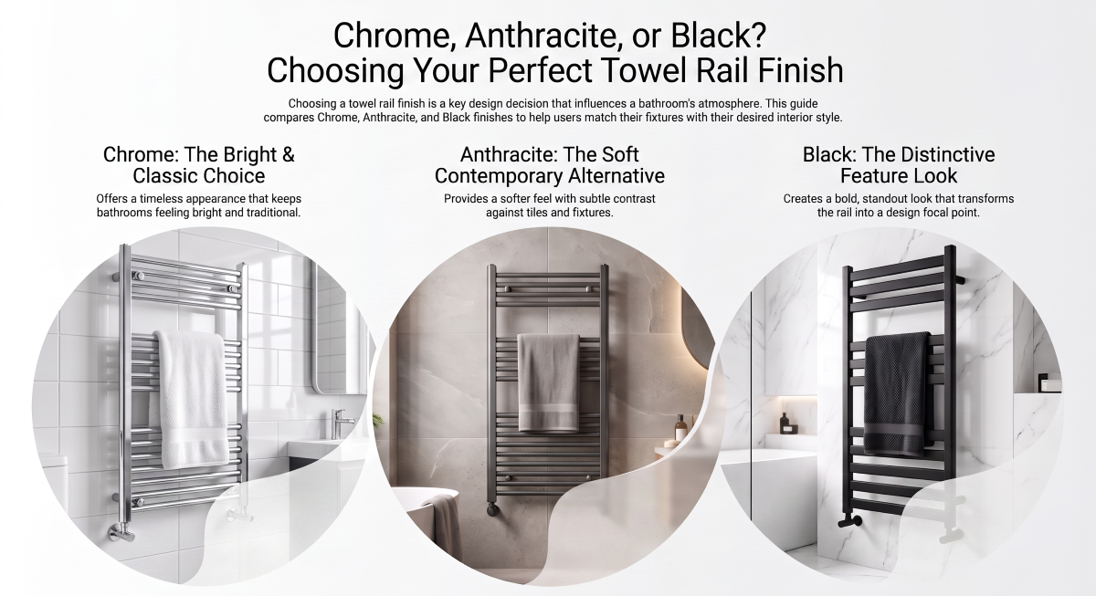 Chrome, anthracite and black towel rails compared for bathroom styles
