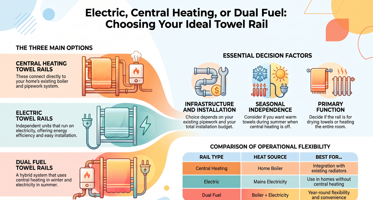 Electric vs central heating vs dual fuel towel rails comparison