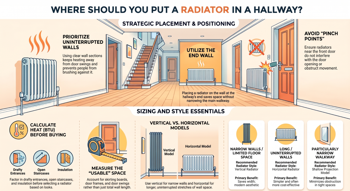 Infographic showing radiator placement, sizing and vertical versus horizontal radiator options for a hallway.