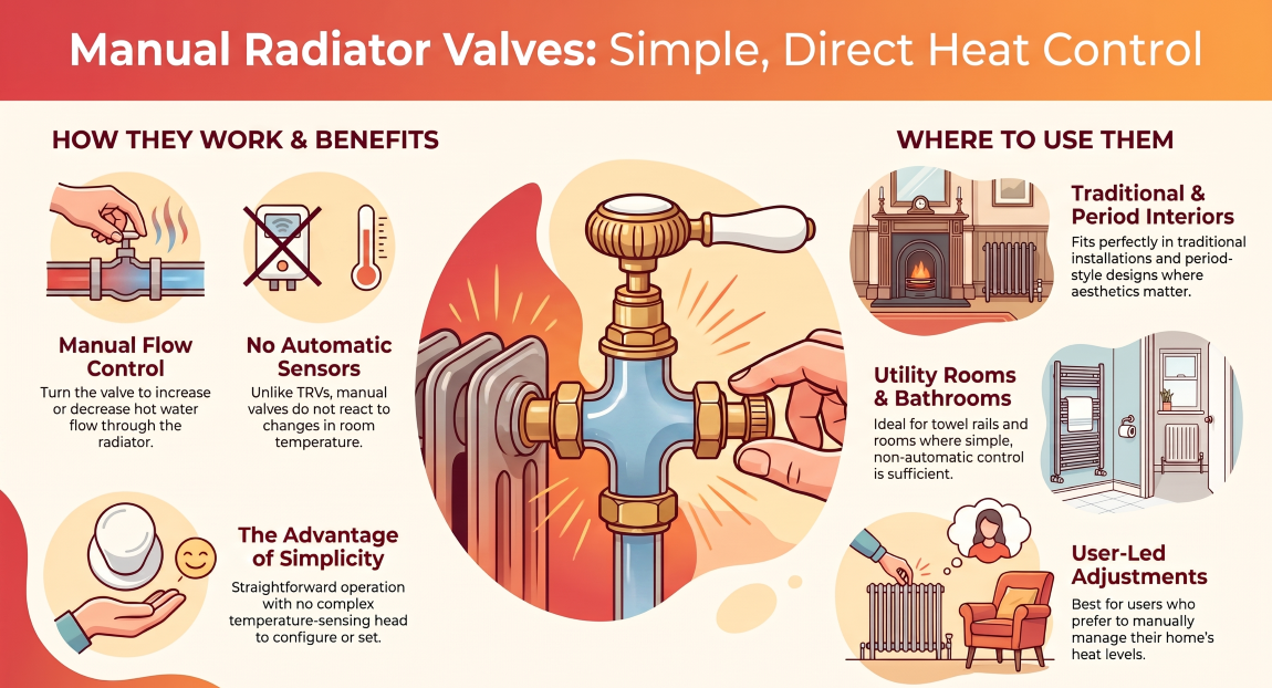 Manual radiator valve showing simple hand-operated heat control for radiators