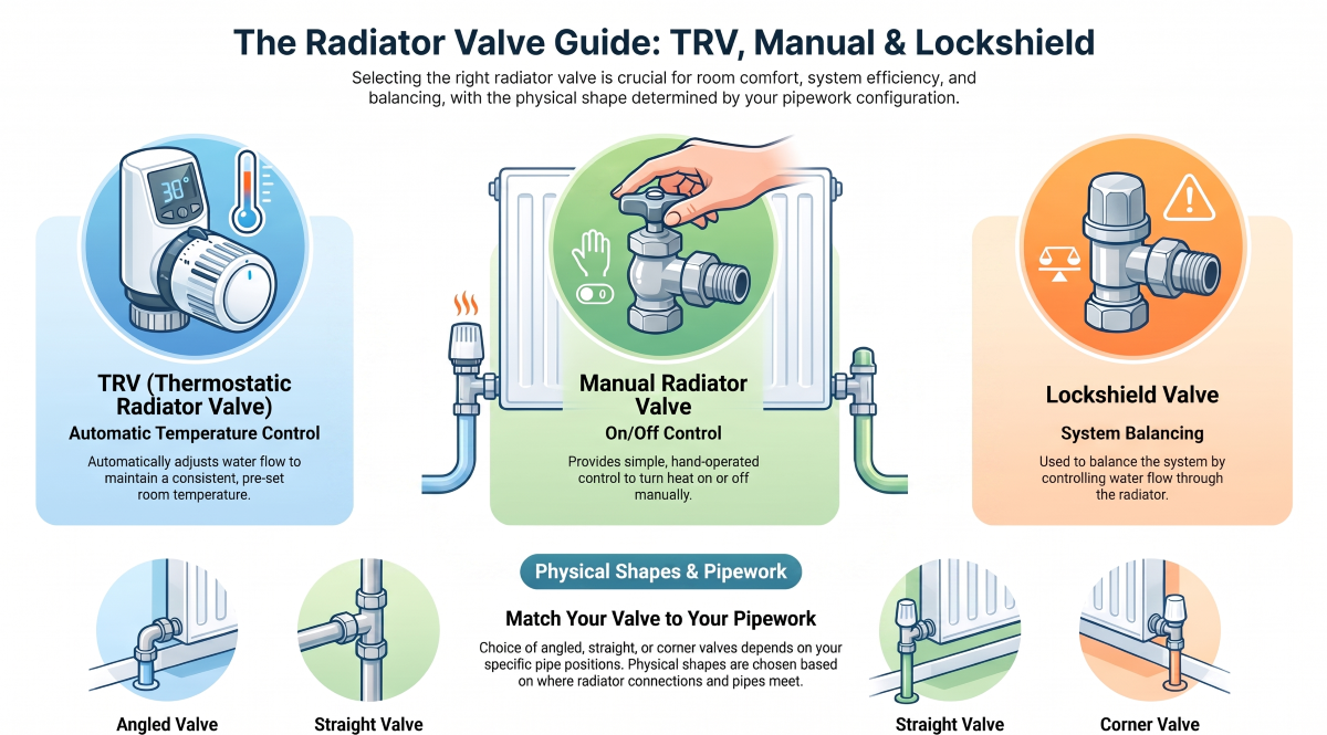 Radiator valve guide showing TRV, manual and lockshield valves with angled, straight and corner valve options