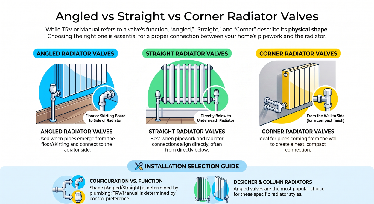 Angled vs straight vs corner radiator valves installation guide showing different pipe and radiator connection options