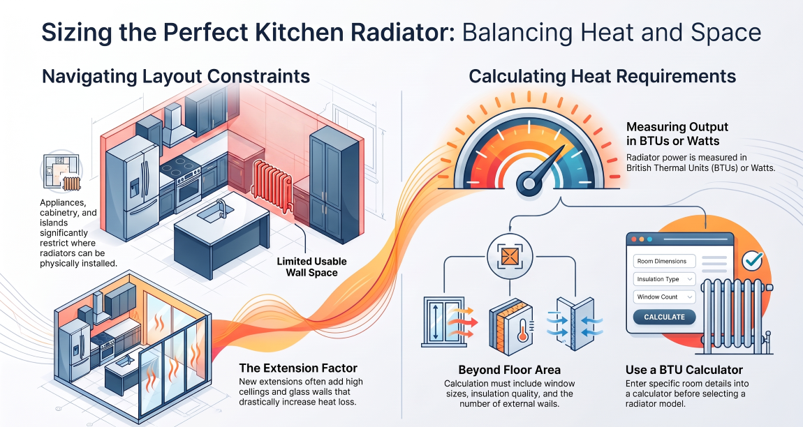 Kitchen radiator sizing around units, islands and extensions