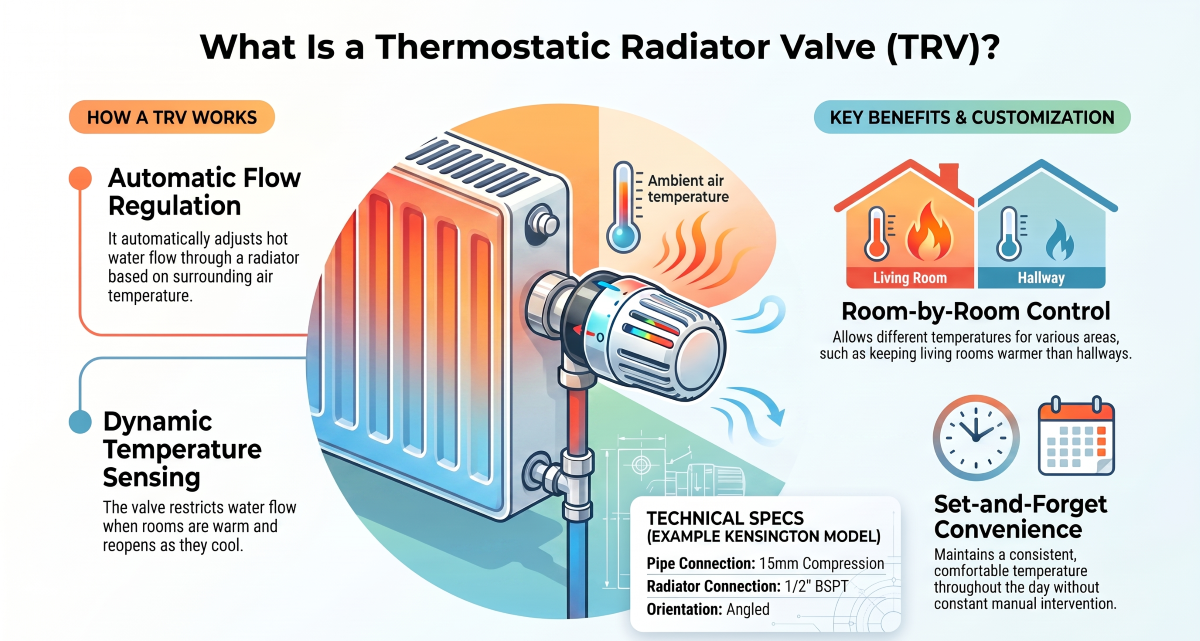 Thermostatic radiator valve (TRV) showing automatic temperature and water flow control