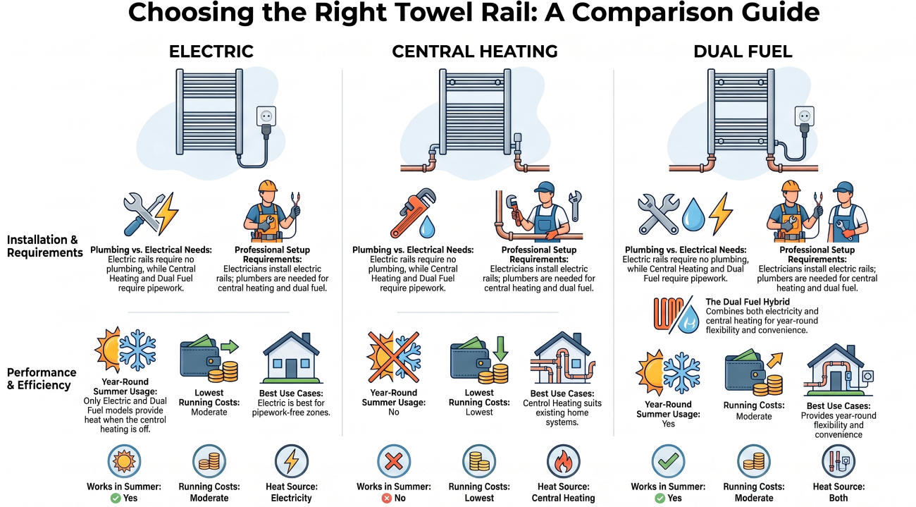 Electric vs central heating vs dual fuel towel rails comparison