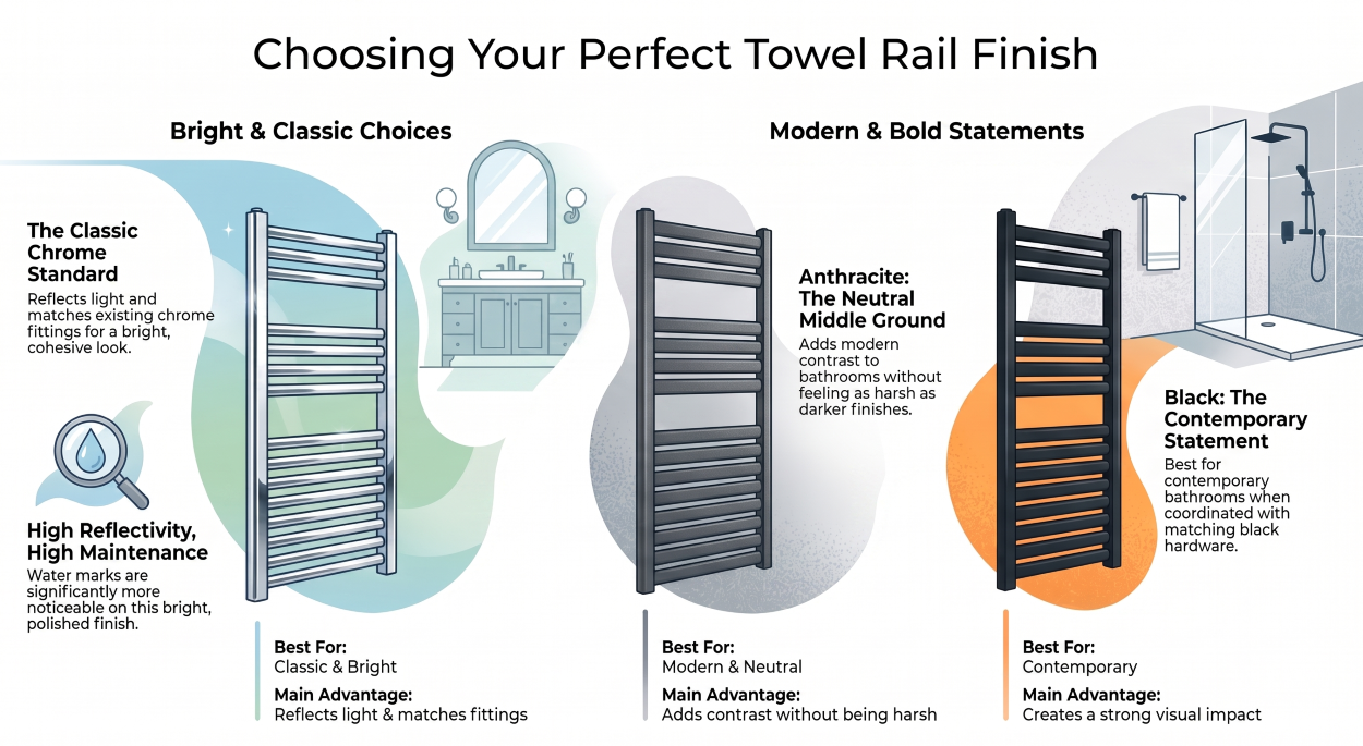 Chrome, anthracite and black towel rails compared for bathroom styles