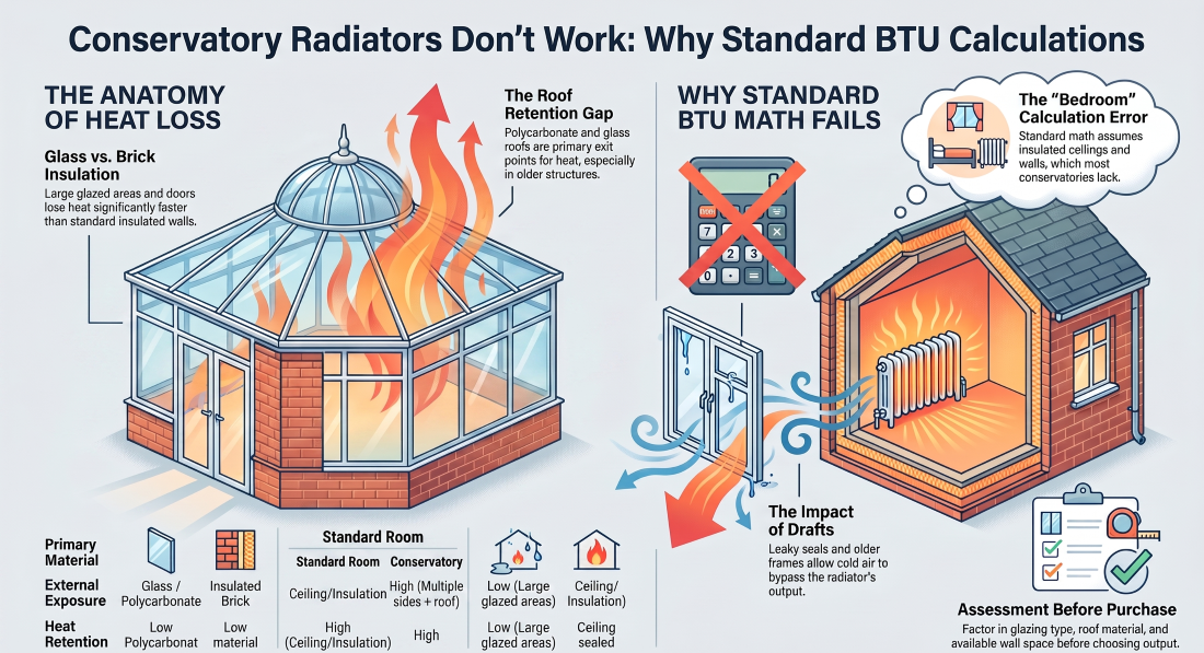 Conservatory radiator heat loss and BTU calculation illustration