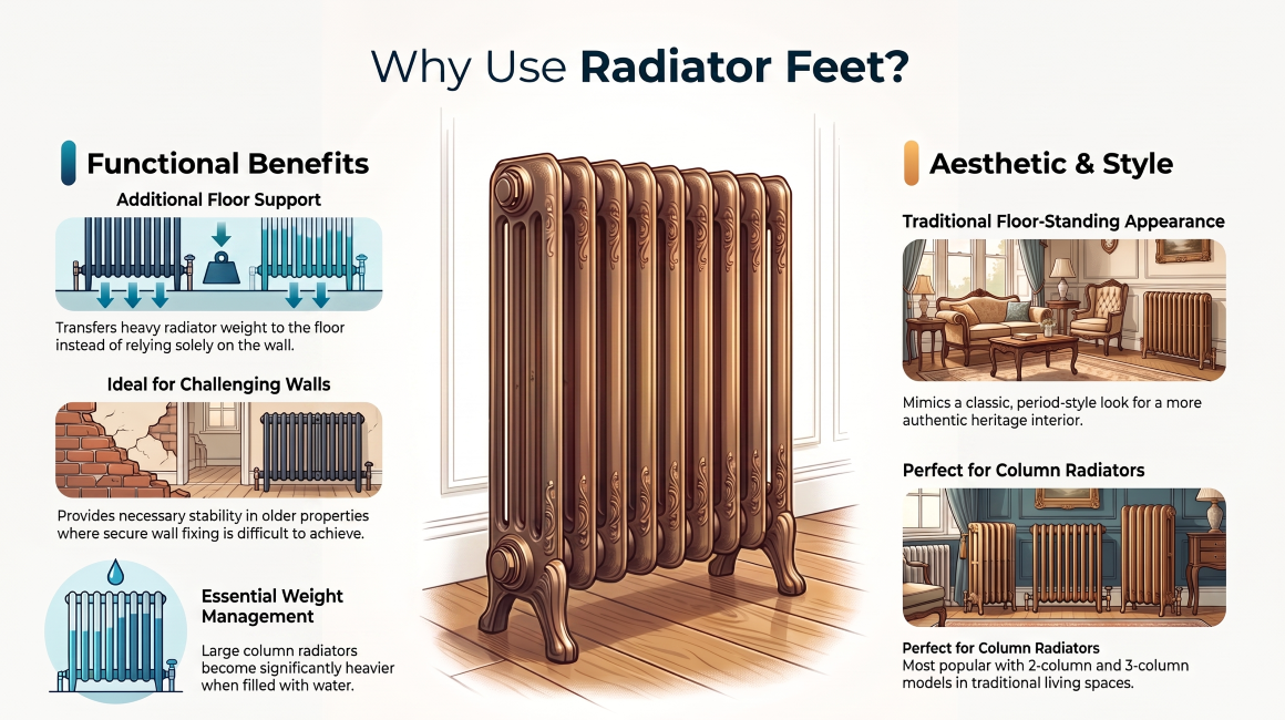 Radiator feet providing floor support for a column radiator