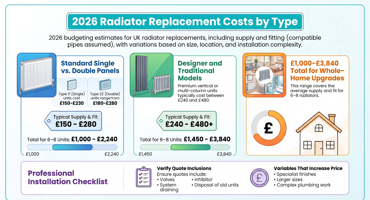 Infographic showing 2026 radiator replacement costs by type in the UK, comparing single and double panel units with designer models and total costs for 6–8 radiators.