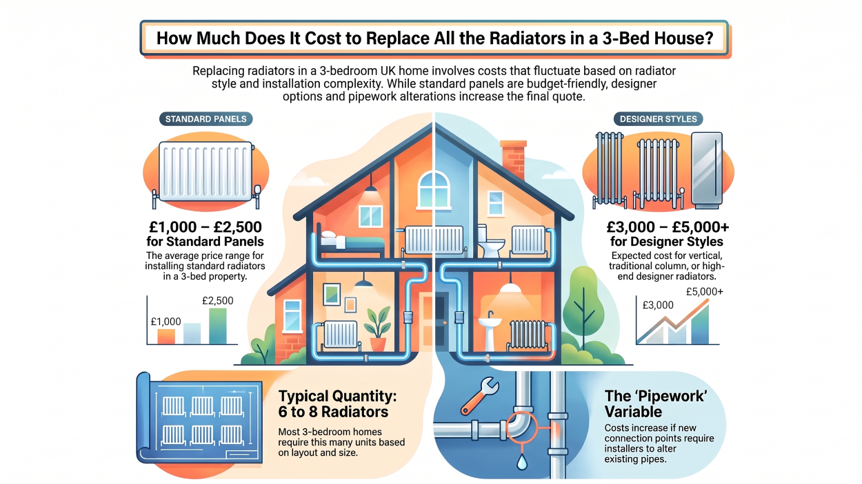 Infographic displaying radiator replacement costs for a 3-bedroom UK home, comparing standard panel radiators against designer styles.