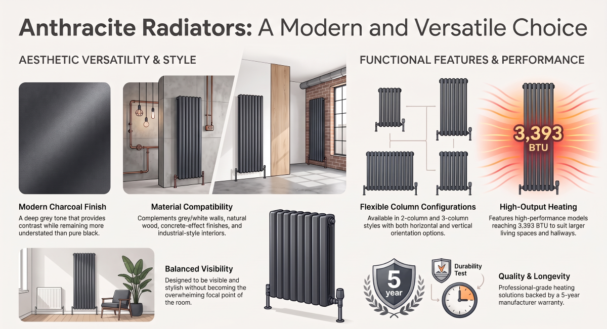 Anthracite radiator infographic showing modern style, flexible designs, high heating output, and 5-year warranty.