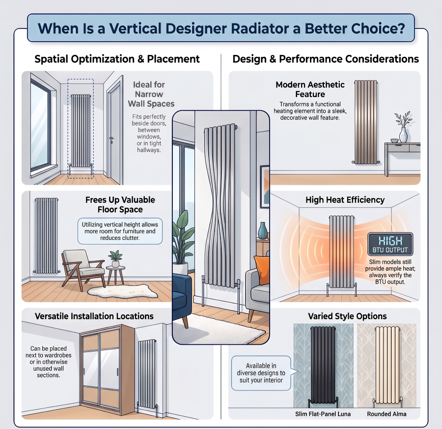 Vertical designer radiator fitted on a narrow wall