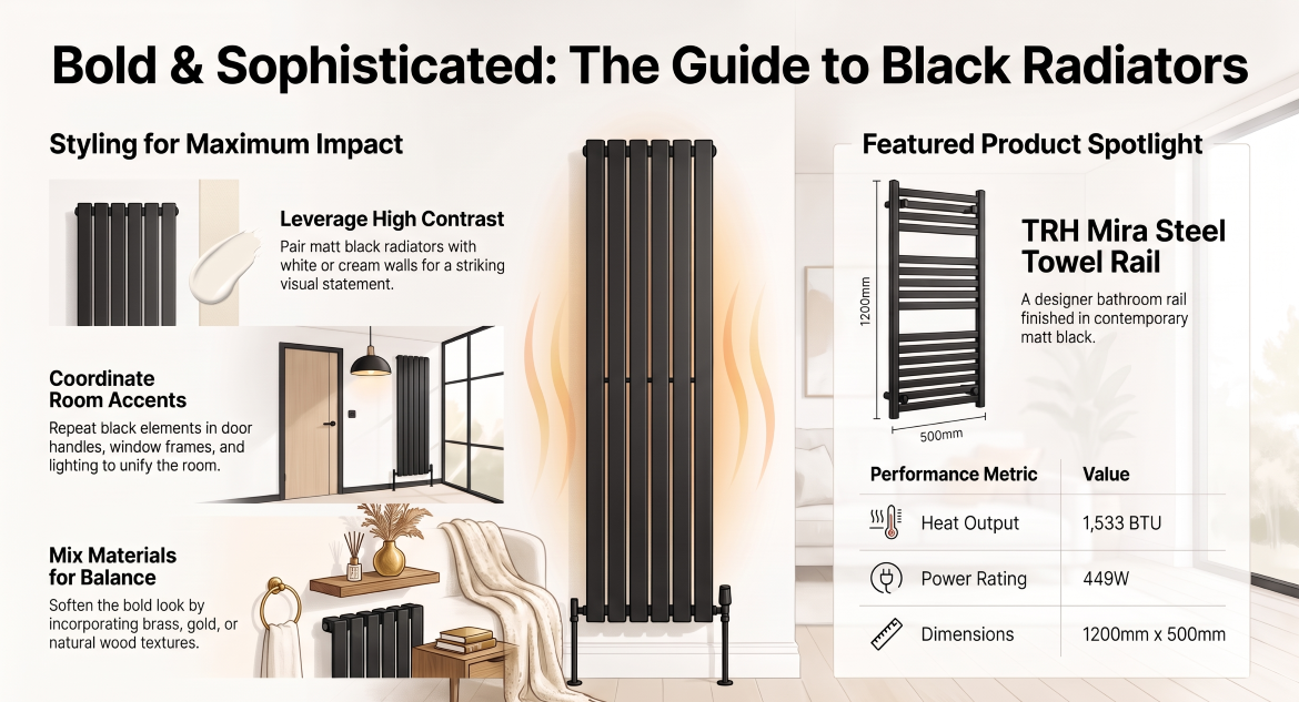 Black radiator infographic showing styling tips, a featured towel rail, and performance details.
