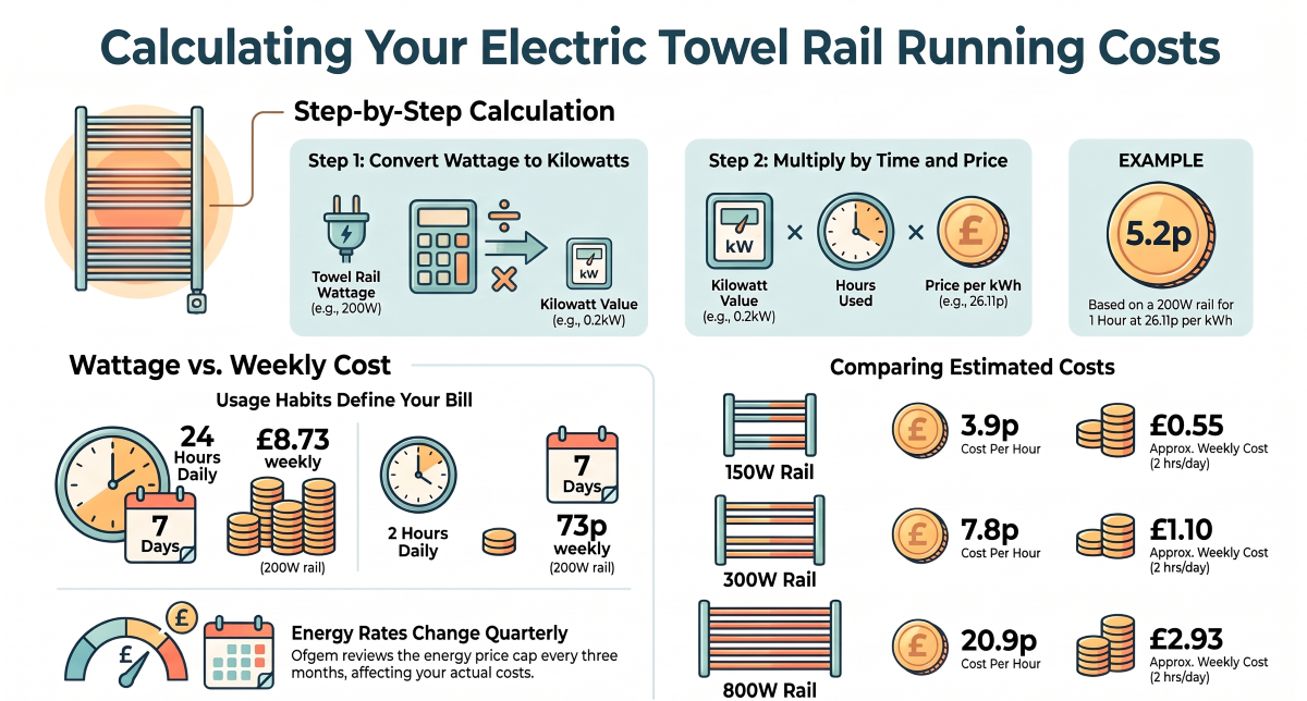 Infographic breaking down electric towel rail running costs by wattage, calculation steps, and weekly usage examples.