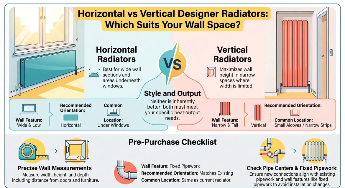 Horizontal and vertical designer radiators compared for different wall spaces