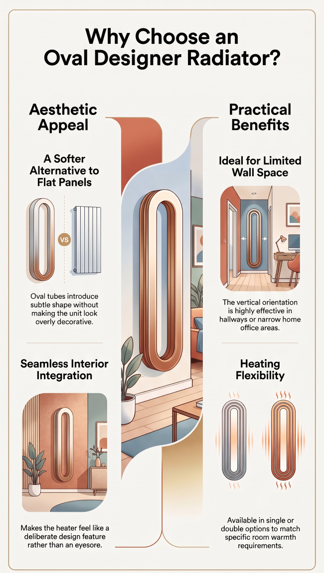 Oval designer radiator in a modern interior