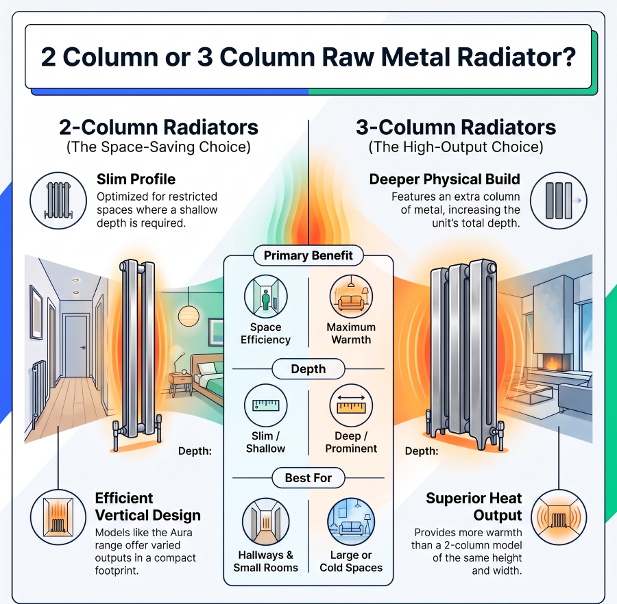 2 column and 3 column raw metal radiators side by side