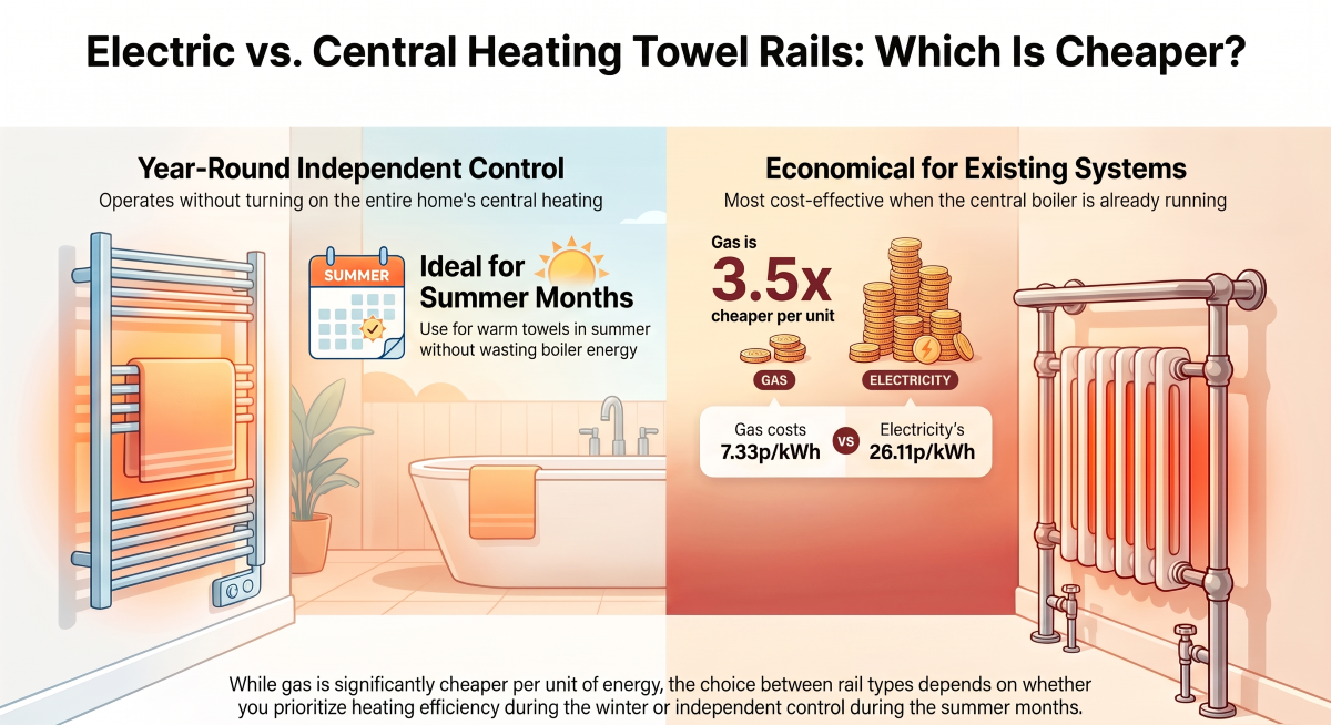 Comparison graphic between electric and central heating towel rails showing unit costs of gas versus electricity and seasonal efficiency benefits.