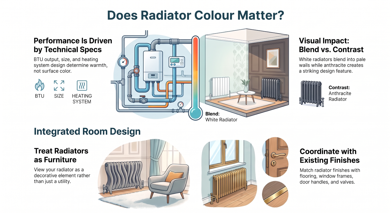 Infographic explaining whether radiator colour matters, comparing heating performance factors like BTU and size with visual room styling options like blending or contrasting finishes.
