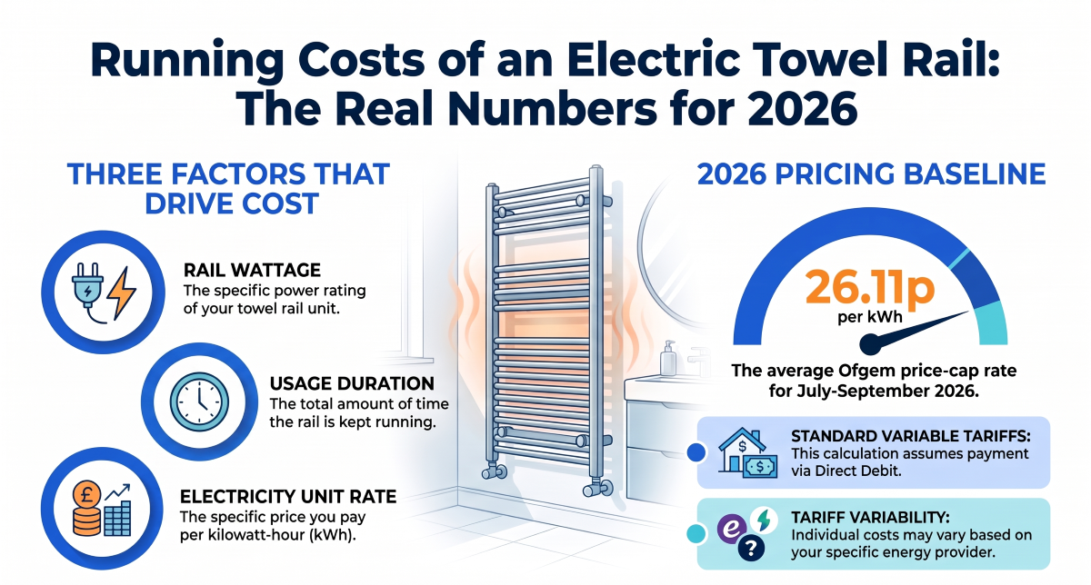 Overview diagram of electric towel rail running costs for 2026, showing key cost drivers and the Ofgem electricity price-cap baseline.