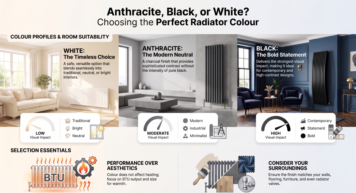 Infographic guide titled "Anthracite, Black, or White? Choosing the Perfect Radiator Colour," comparing white, anthracite, and black radiators across visual impact, room suitability, and selection tips.