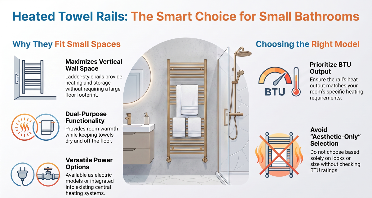 Heated towel rail in a small bathroom, showing space-saving benefits, BTU output and model selection tips.