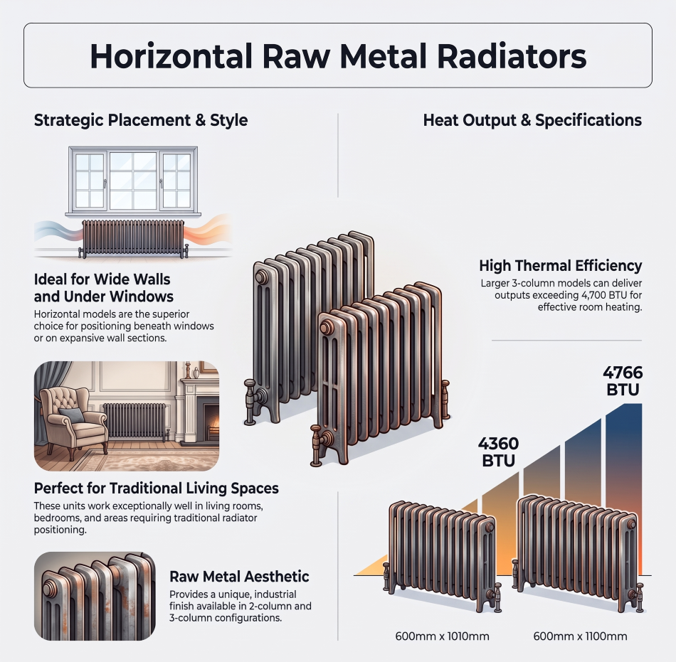 Horizontal raw metal column radiator in a modern interior