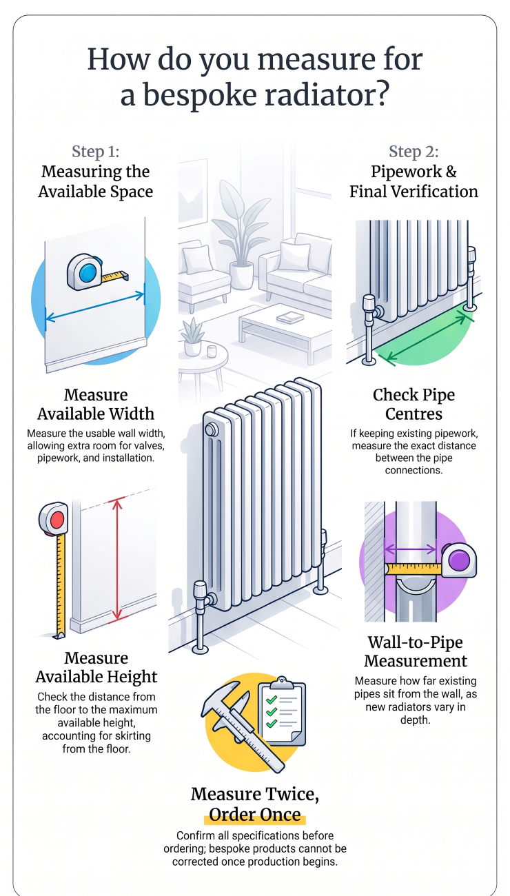 Measuring wall space and pipe centres for a bespoke radiator