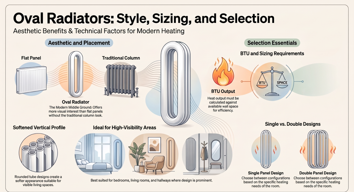 Oval vertical designer radiator in a modern home interior