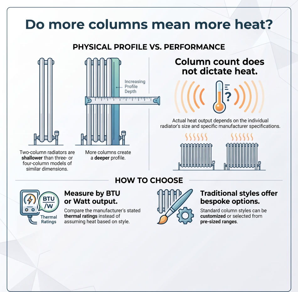 Column radiators with different numbers of columns and heat outputs