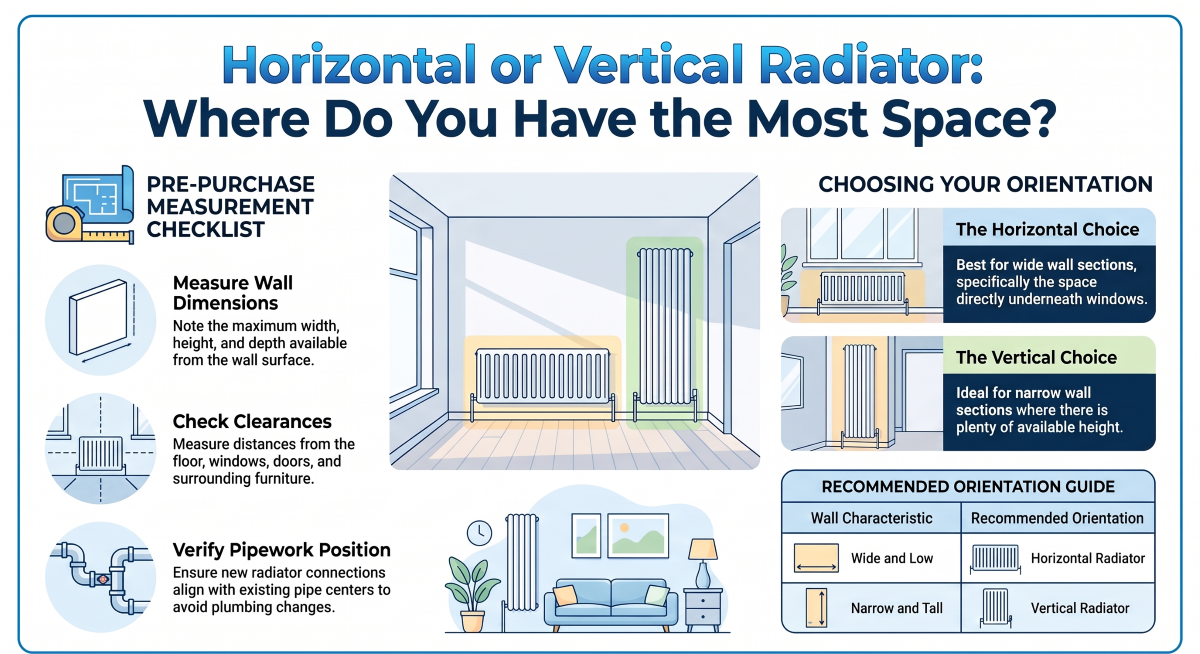 Measuring wall space for a horizontal or vertical designer radiator