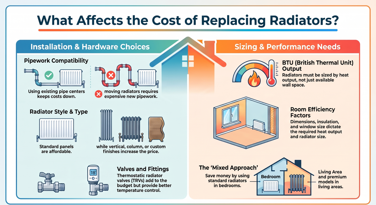 Infographic titled "What Affects the Cost of Replacing Radiators?" highlighting key pricing factors divided into installation and hardware choices versus sizing and performance needs.