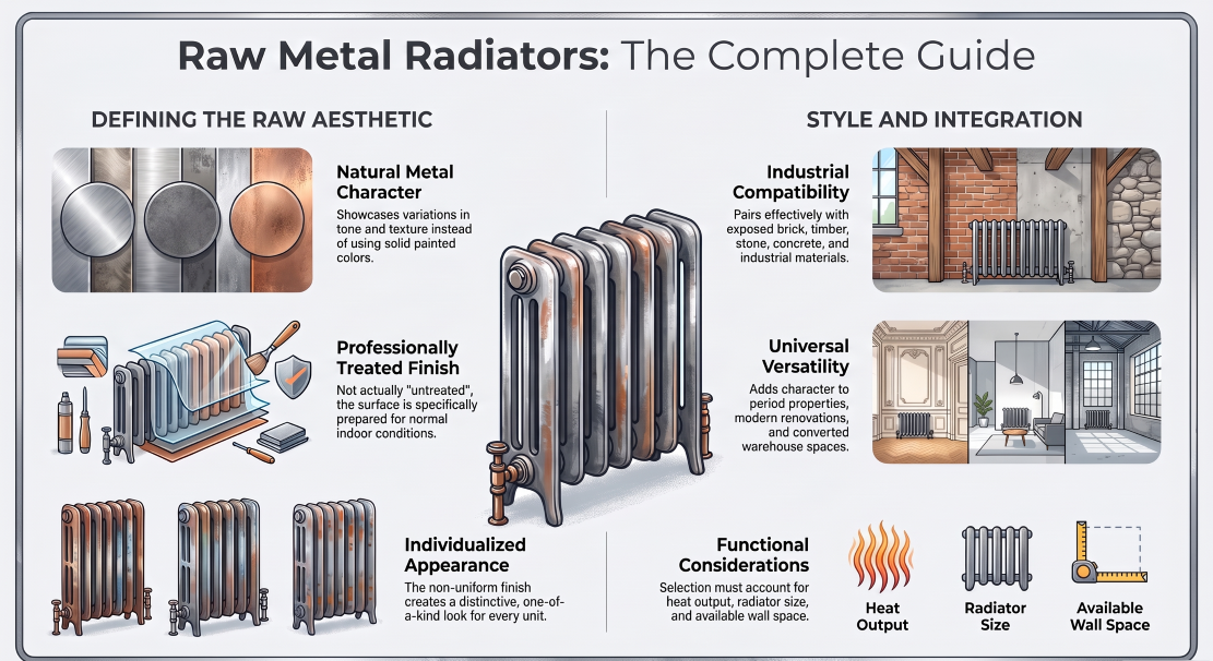 Raw metal column radiator in an industrial-style interior