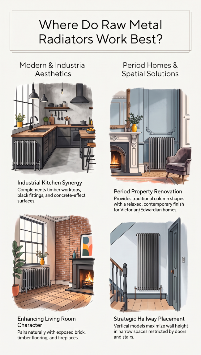 Raw metal column radiator in a stylish living room interior