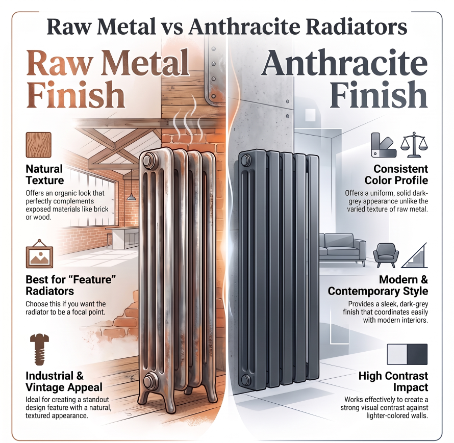 Raw metal and anthracite column radiators comparison