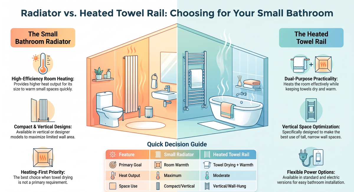 Radiator vs heated towel rail comparison for small bathrooms, showing heating, space-saving and towel-drying benefits.