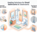 Heating solutions for small bathrooms and cloakrooms, showing towel rails, vertical radiators and compact column radiators with selection criteria.