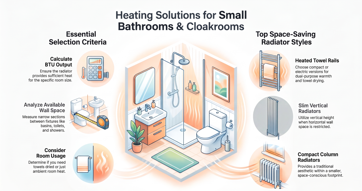 Heating solutions for small bathrooms and cloakrooms, showing towel rails, vertical radiators and compact column radiators with selection criteria.