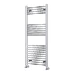 Vela chrome designer towel radiator, 1200mm x 500mm, shown on a white background.