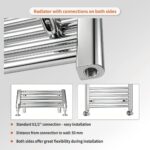 Close-up of the Vela chrome towel radiator’s G1/2-inch connections and installation options.