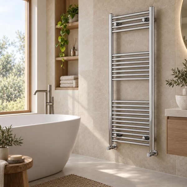 Vela chrome designer towel radiator, 1200mm x 500mm, wall-mounted beside a freestanding bath.