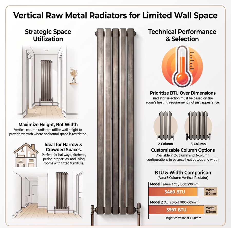 Vertical raw metal column radiator for limited wall space