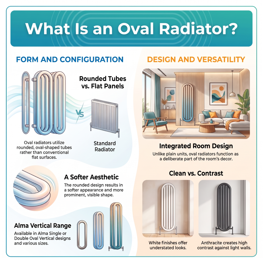 Oval vertical designer radiator with rounded heating tubes