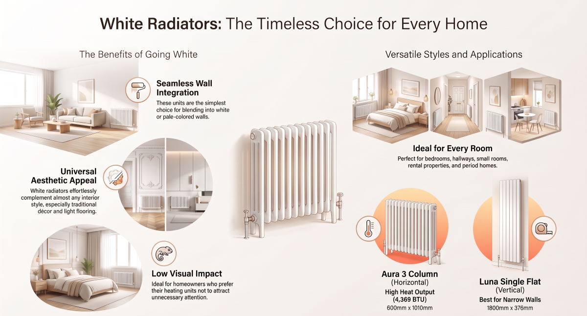 White radiator infographic showing benefits, styles, and room applications.