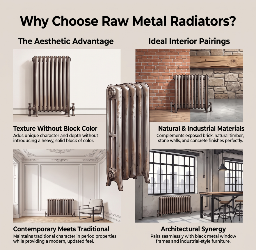 Raw metal column radiator with exposed brick and timber interior