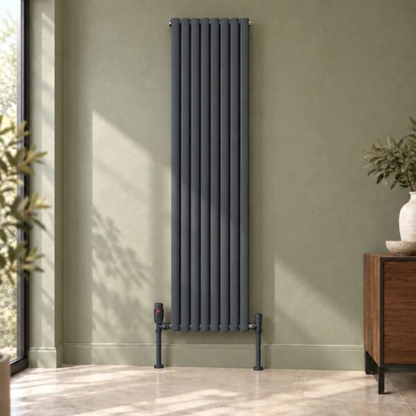 Alma Double Oval Vertical Designer Radiator 1800mm x 480mm Anthracite Roomshot