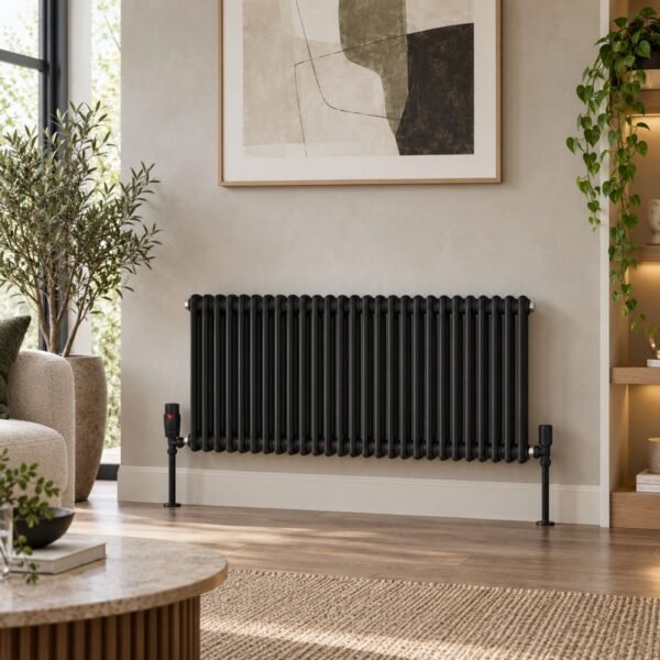 Aura 3 Column Horizontal Radiator 600mm x 1190mm Matt Black Roomshot