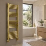 Aura Mira Steel Towel Rail Brushed Brass 1500mm x 500mm Roomshot