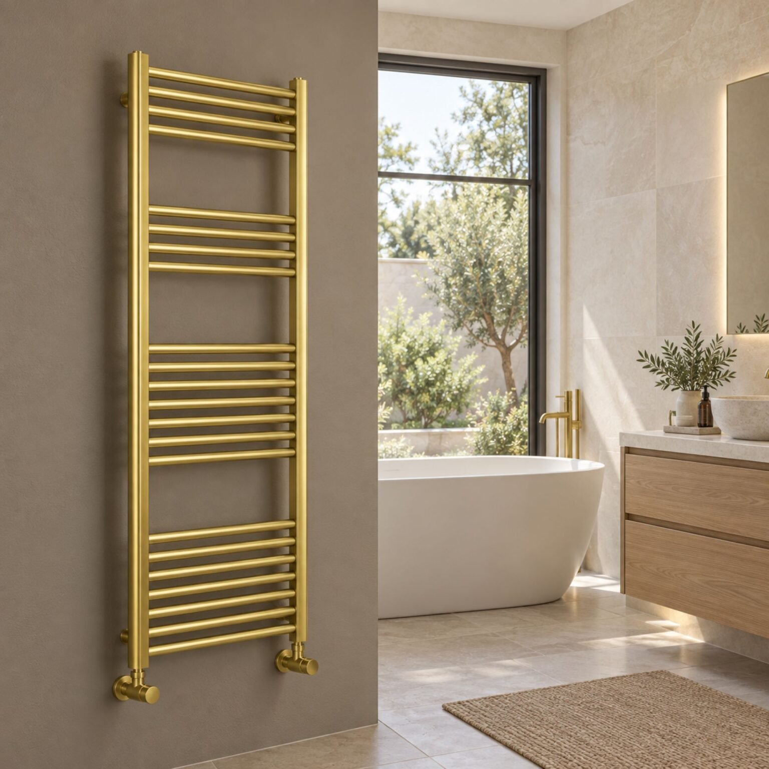 Aura Mira Steel Towel Rail Brushed Brass 1500mm x 500mm Roomshot