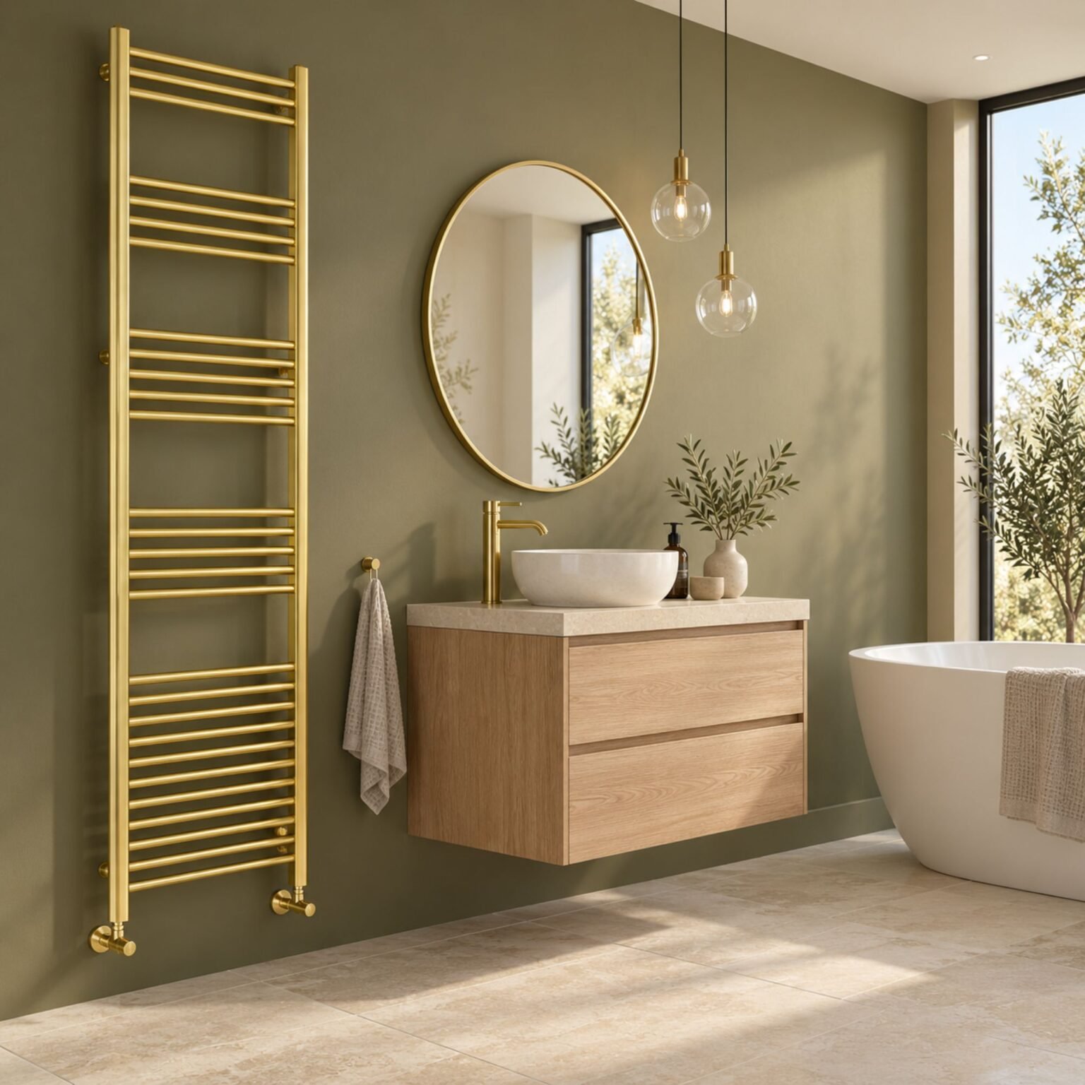 Aura Mira Steel Towel Rail Brushed Brass 1800mm x 500mm Roomshot